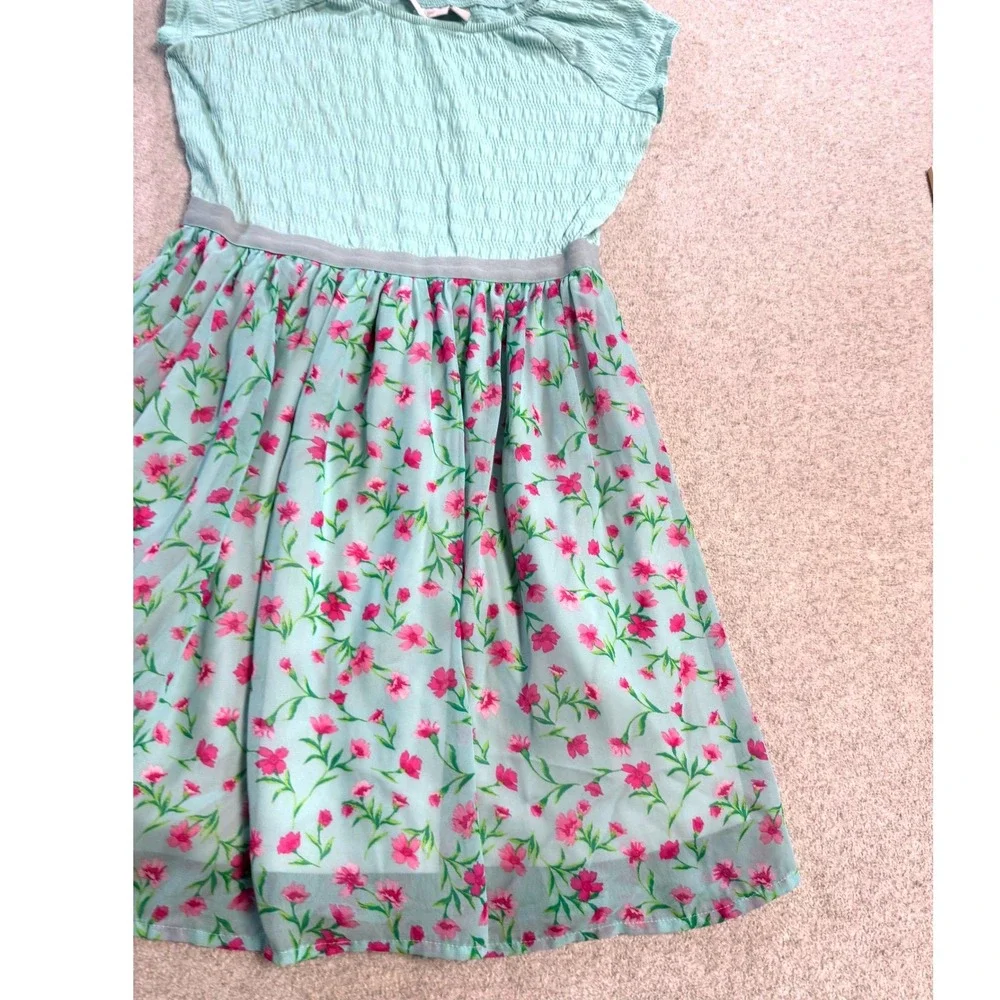 Girls Childrens Place Floral Dress Size L Green Pink Flutter Sleeve‎ Twirl Party